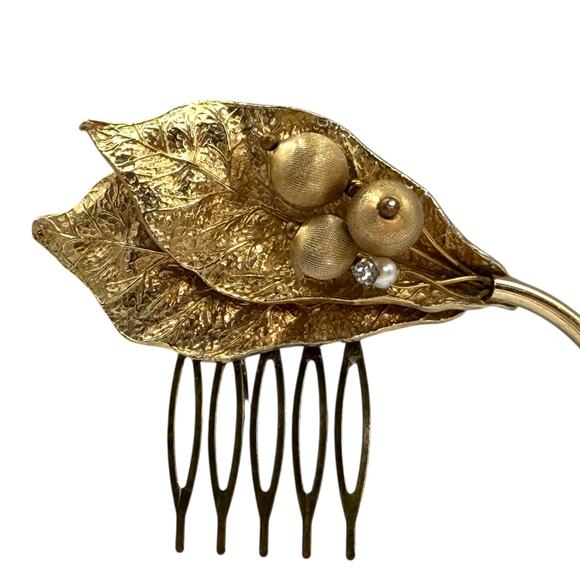 Bridal Gold Leaf Hair Accessory Wedding Clip Vintage Jewelry Hairpiece - Picture 2 of 5